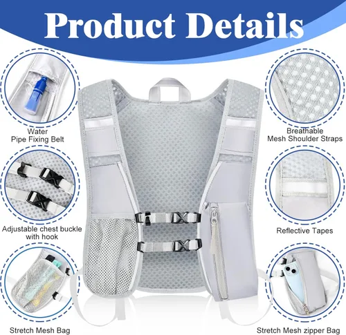 Miniatura 3 de Mochila de hidratación con bolsa de agua de 2 L, chaleco ligero y transpirable para correr, correas ajustables para el pecho, paquete de agua