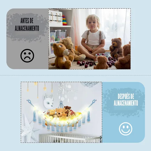 Miniatura 4 de CERETIA Hamaca de animales de peluche con luz LED, red grande de almacenamiento en esquina de animales de peluche para decoración de habitación