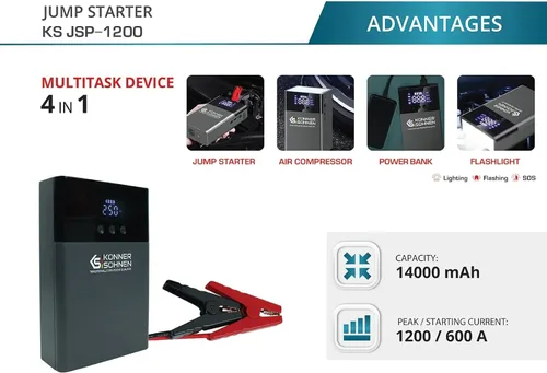 Miniatura 4 de Jump Starter KS JS-1200, amplificador de batería de coche de pico de 1200 A con compresor de aire, 14000 mAh para motores de gasolina de hasta 8 L