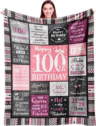Ivivis Regalos de 100º Cumpleaños para Mujeres Manta 60"x50", Suministros de Decoraciones para Fiesta de 100º Cumpleaños, Regalos de Feliz 100º