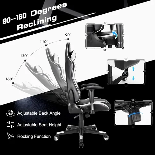 Miniatura 5 de GYMAX Silla de juegos de computadora, silla de oficina de estilo carreras con reposacabezas de soporte lumbar ajustable, giratorio de 360°, silla