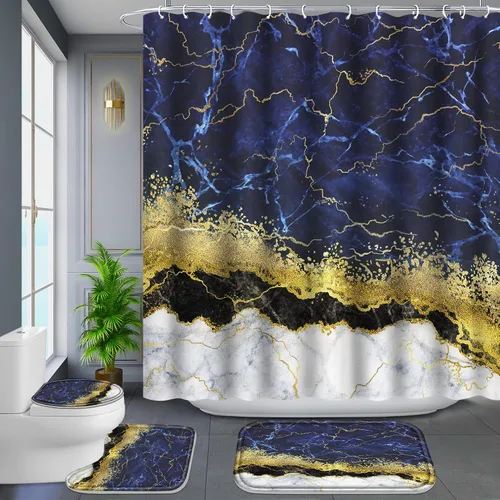 Miniatura 8 de Poedist Juego de 4 cortinas de ducha de baño con borde negro y dorado, juego de baño con cortina de ducha y alfombras