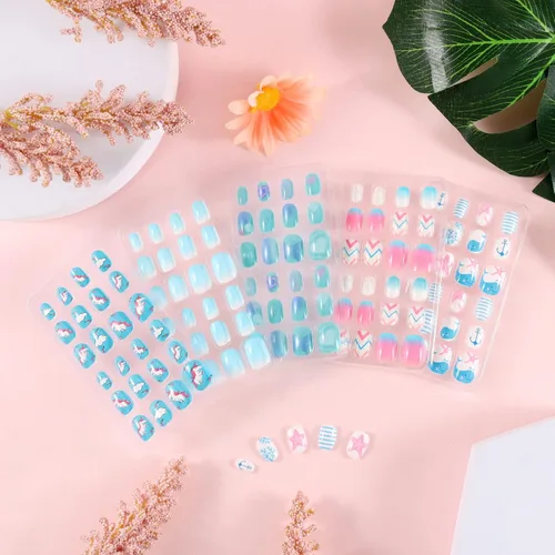 Miniatura 6 de 120 unidades de 5 uñas postizas acrílicas a presión para niños, lindo prepegamento de cubierta completa con purpurina, color degradado, arcoíris