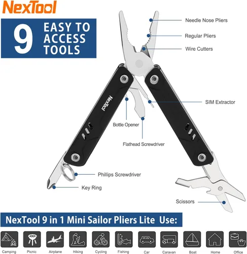 Miniatura 7 de NexTool Mini multiherramienta - Llavero 9 en 1 multiherramienta con alicates de punta de aguja, tijeras, extractor SIM y destornilladores