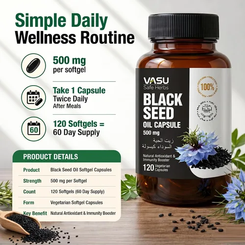 Miniatura 7 de Vasu Cápsulas de semillas negras – Nigella sativa prensada en frío – Apoyo natural para el bienestar – 60 cápsulas vegetarianas – Sin OMG, sin gluten