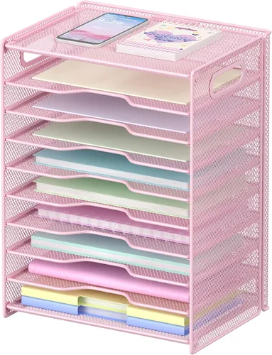 Miniatura 10 de OUTWOLF Organizador de papel de 10 niveles, bandeja de cartas, organizador de archivos de escritorio de malla con asas para escritorio de oficina