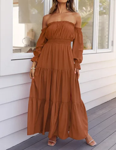 Miniatura 126 de ZESICA - Vestido largo, bohemio y sexy, con hombros descubiertos y manga larga fruncida, con elástico fruncido, cintura alta y abertura lateral