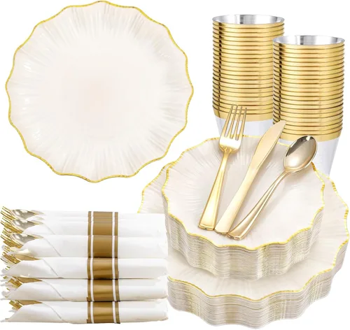 Miniatura 13 de U-QE 175 platos y servilletas de plástico dorado para fiestas, juego de vajilla transparente y dorado para 25 invitados, 25 platos llanos, 25 platos