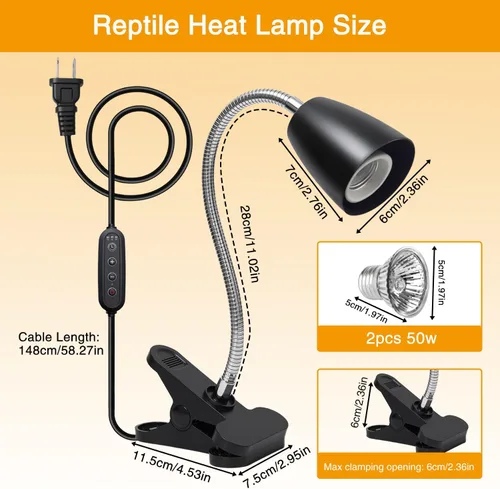 Miniatura 2 de Lámpara de calor para reptiles con 2 bombillas UVA UVB de 50 W, luz de calentador de tortuga con luz giratoria de 360 grados con abrazadera