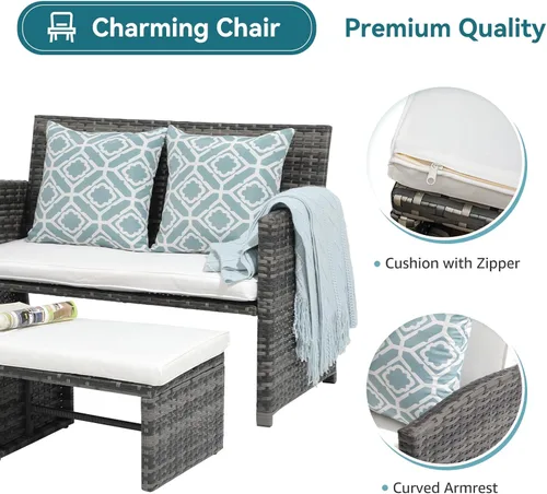 Miniatura 5 de OC Orange-Casual - Juego de muebles de patio, 3 piezas de sofá seccional de mimbre para exteriores con otomanos para el porche, ratán gris