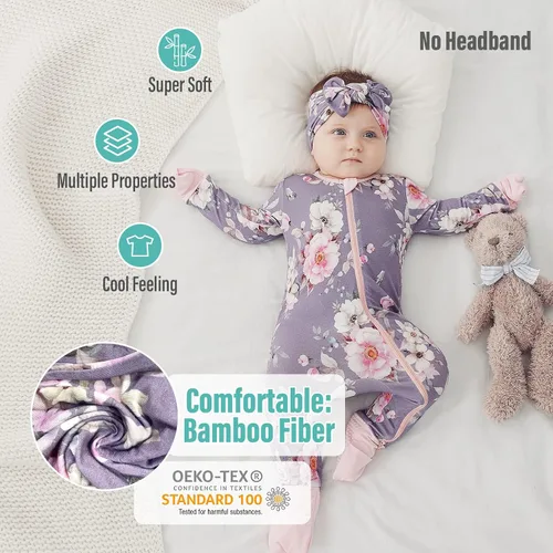 Miniatura 4 de OPAWO Pijama de viscosa de bambú para niña, paquete de 2 mitones, cierre de 2 vías, suave sin pies, mameluco de una pieza