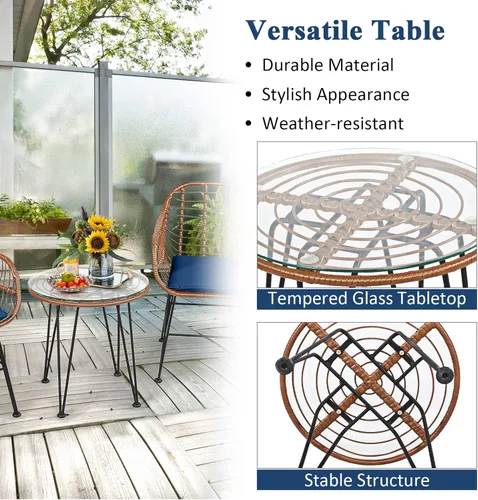 Miniatura 6 de Tangkula - Juego de 3 piezas para conversación en el patio, juego de muebles de mimbre al aire libre con mesa redonda de vidrio templado y 2