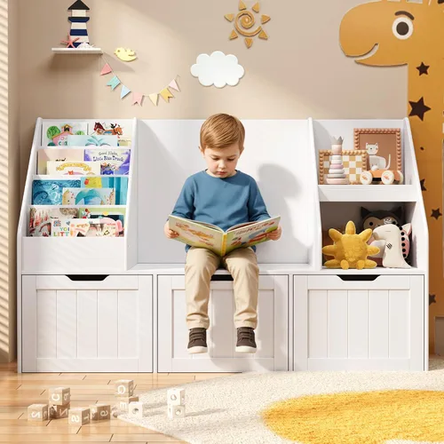 Miniatura 4 de Gizoon Organizador de almacenamiento de juguetes para niños con rincón de lectura, estantería para niños con 3 cajones móviles, rincón de lectura