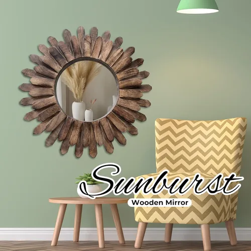 Miniatura 5 de Bedding Craft Espejo rústico redondo de madera con diseño de rayos de sol, de 18 pulgadas con acabado quemado – Accesorio bohemio para dormitorio