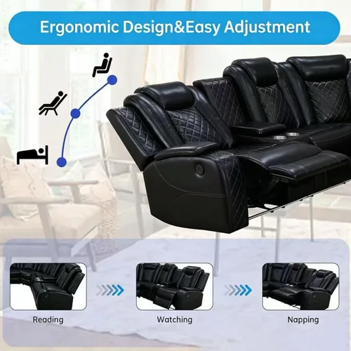 Miniatura 9 de Juegos de muebles de sala de Toseslo, juego de sofá reclinable eléctrico, seccional de 2 reclinables de cuero negro con luz LED, juegos modernos