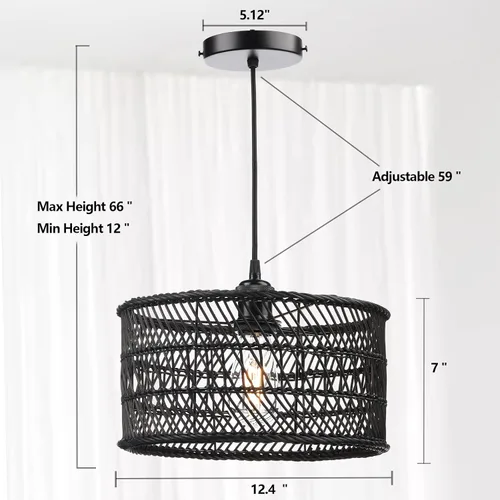 Miniatura 6 de HOONEX Lámpara de araña de ratán, techo de ratán, lámpara colgante de mimbre de 12.4 pulgadas para comedor, dormitorio, isla de cocina, color negro