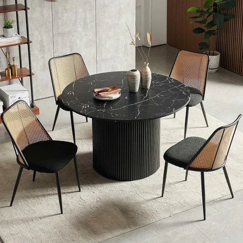 Miniatura 10 de NORDICANA Juego de comedor para 4 personas, moderno juego de sillas de mesa de cocina de 4 asientos con asiento beige y respaldo de ratán, mesa