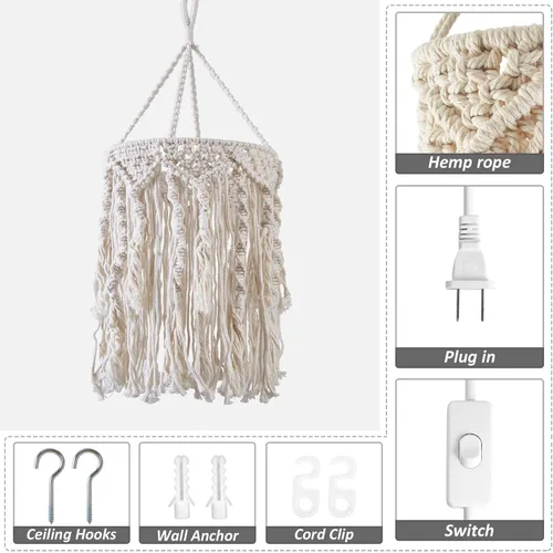 Miniatura 6 de Lámpara colgante bohemia enchufable, luces colgantes de 15 pies con cable de enchufe, lámpara colgante con pantalla de lámpara de macramé hecha a
