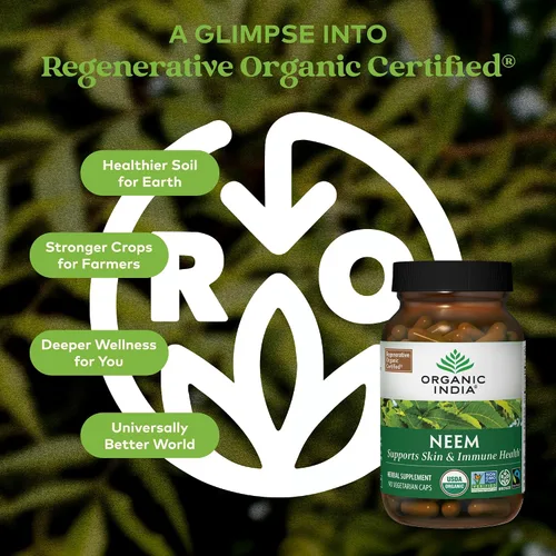 Miniatura 2 de Organic India Cápsulas de Hoja de Neem - Suplemento Herbal, Apoya la Salud de la Piel y del Sistema Inmunológico, Vegano, Sin Gluten, Certificado