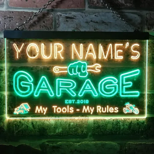 Miniatura 2 de ADVPRO personalizado: tu nombre, año de fundación, tema de garaje, cueva para hombres. Decoración con luz de neón LED de doble color, verde y Verde