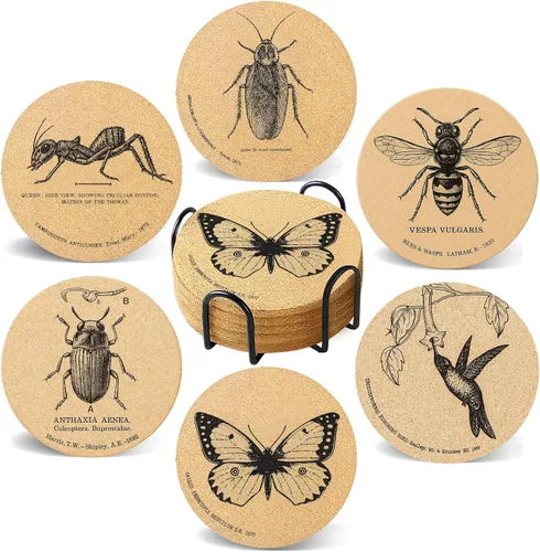 Miniatura 9 de Juego de 6 posavasos de café para bebidas con soporte, posavasos de madera de corcho absorbente para escritorio, mesa de oficina, decoración