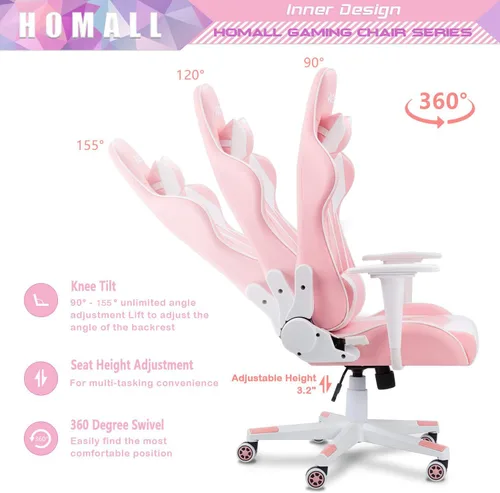 Miniatura 6 de Homall - Silla ejecutiva con respaldo alto, de piel sintética, ergonómica, ajustable y giratoria con soporte lumbar y reposacabezas para juego, Rosa