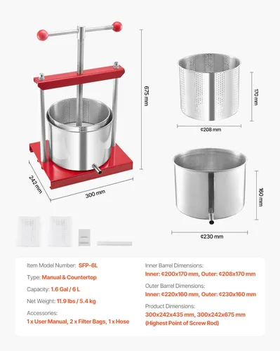 Miniatura 7 de Happybuy Prensa de vino de frutas de 1.6 galón/6L con 2 barriles de acero inoxidable, máquina de jugo manual para sidra, manzana, uva y aceite