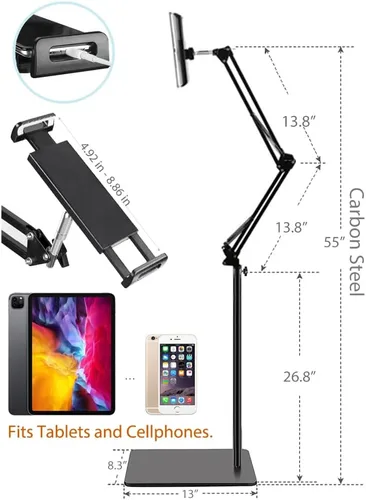 Miniatura 6 de BluuSuuk Soporte para Tablet en Piso con Base de Doble Peso, Montura para Cama y Teléfono con Brazo Ajustable y Extensible, Compatible con iPad Mini