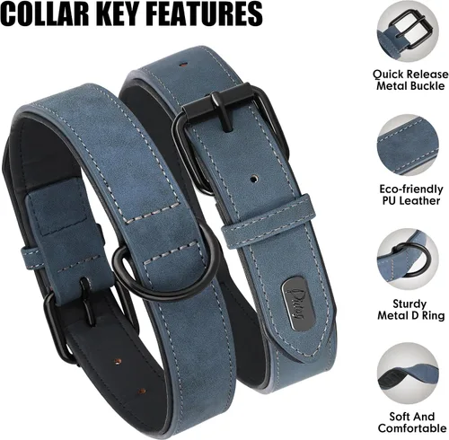 Miniatura 3 de Didog Collar de Perro de Cuero PU Suave Acolchado, Transpirable y Ajustable Collares para Perros Pequeños, Cómodo para Caminata Diaria, Azul, M