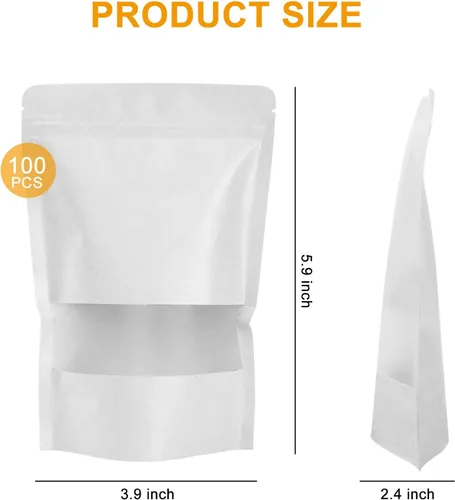 Miniatura 2 de 100 bolsas de papel kraft, bolsas resellables de embalaje de alimentos con ventana, cremallera de pie, bolsas reutilizables sellables por calor