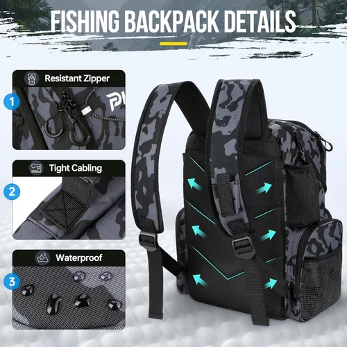 Miniatura 5 de PLUSINNO - Mochila de pesca con portacañas y enfriador de 45L, mochila grande resistente al agua para aparejos de pesca, ideal para guardar