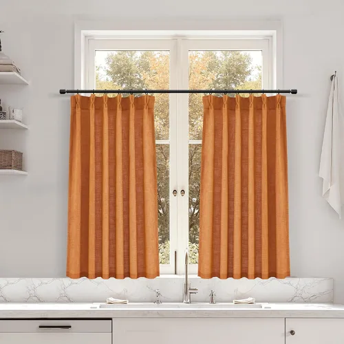 Miniatura 161 de Juego de 2 paneles de cortinas de ventana de cocina beige de 24 pulgadas de largo, con textura de lino, plisadas, filtrantes de luz, semi pequeñas
