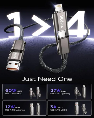 Miniatura 2 de Cable USB C de carga rápida de 60 W para iPhone de 3 pies, [certificado Apple MFi] USB a USBC a Lightning, cable de carga 4 en 1 con tipo C/USB A