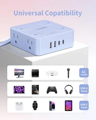 Miniatura 7 de SMALLRT - Cable de extensión con múltiples tomas, extensor de salida con protector de sobretensiones, enchufe plano de 6.5 pies con puertos USB, 8