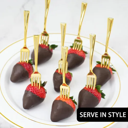 Miniatura 6 de Mini tenedores de plástico dorado de 4 pulgadas, paquete de 100 tenedores desechables para aperitivos, tenedores pequeños resistentes para fiestas