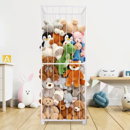 Miniatura 8 de Almacenamiento de animales de peluche, tubo de metal extra grande organizador de almacenamiento de juguetes con ruedas de freno, soporte para Blanco