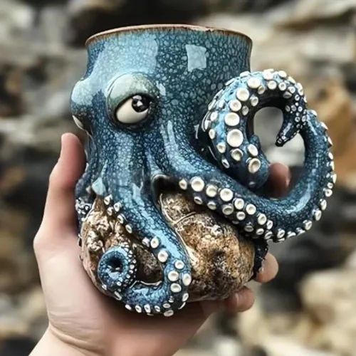 Miniatura 4 de Taza de pulpo de criatura oceánica para decoración del hogar, soporte para bolígrafo de pulpo 3D, único y novedoso con mango de tentáculo, bigote