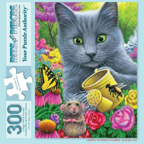 Bits and Pieces Rompecabezas de 300 piezas para adultos - Chillin in Misty's Garden - Rompecabezas de gato con flores, ratón, mariposa y gatito por