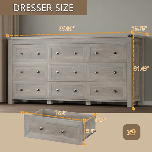 Miniatura 2 de BORNOON Cómoda de 9 cajones, moderna cómoda de almacenamiento de madera, soporte de TV, organizador de cajones de madera con asas de metal