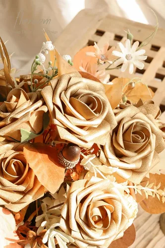 Miniatura 5 de Floroom Flores artificiales, 25 piezas de rosas falsas de espuma dorada antigua de aspecto real con tallos para ramos de boda DIY, centros de mesa