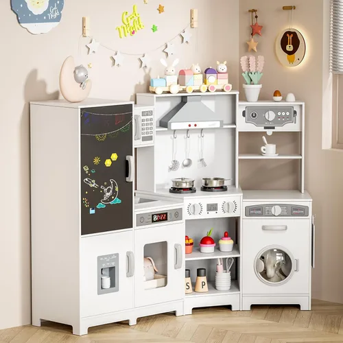 Miniatura 8 de MAMIZO Cocina de Juego de Esquina de Madera, Gran Juego de Cocina Interactivo Ultimate para Niños Pequeños de Pretender con Pizarra, Estufa y Blanco