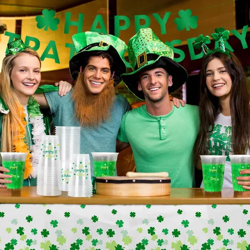 Miniatura 7 de Paquete de celebración del Día de San Patricio, 60 vasos de plástico con temática irlandesa de 12 onzas con diseño de trébol de la suerte