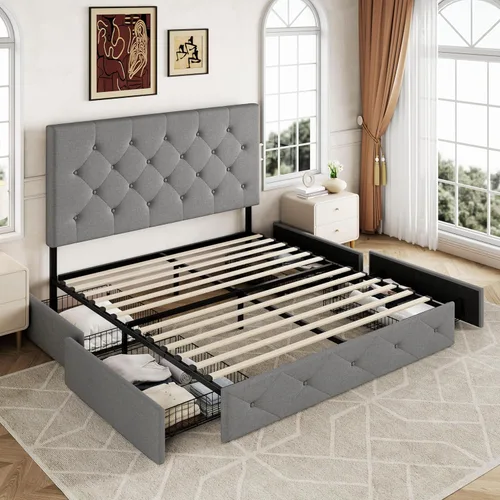 Miniatura 8 de Allewie - Marco de cama tapizado tamaño Queen con plataforma, 4 cajones de almacenamiento y cabecera, base de colchón tapizada con botones cosidos