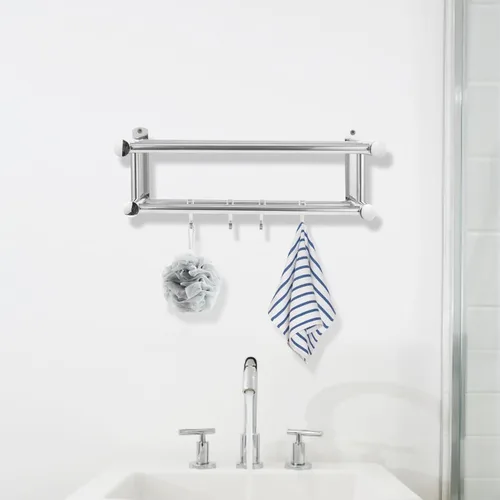 Miniatura 8 de OSALADI Toallero de baño con,Toallero de baño doble con estante, Toallero doble montado en la pared con estante Estante de baño de hotel de acero