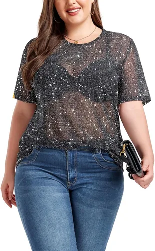 Miniatura 4 de ForHailey Blusa de manga corta transparente de malla para mujer, talla grande