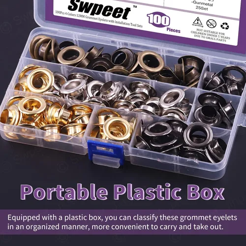 Miniatura 5 de Swpeet 204 piezas – 100 juegos de ojales de agujero de 1/2 pulgada (0.472 in) gruesos de 4 colores ojales de metal ojales y 3 piezas de herramienta