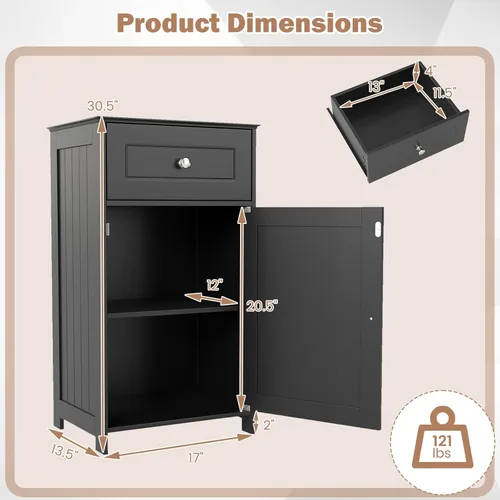 Miniatura 3 de GLACER Armario de suelo de baño, gabinete de almacenamiento lateral de una sola puerta con cajón, organizador de almacenamiento de madera para baño
