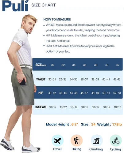 Miniatura 7 de PULI Vestido corto de golf elástico para hombre, de secado rápido, casual, ligero, frente plano, de 10 pulgadas, pantalones cortos híbridos