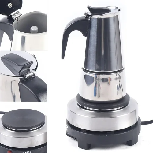 Miniatura 6 de Juego de cafetera espresso portátil de 6.8 fl oz, olla moka de acero inoxidable de 7 onzas con estufa eléctrica para oficina en casa, cafeterías