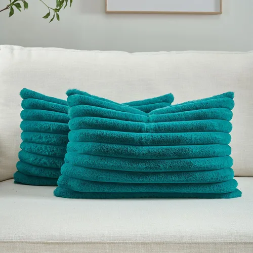 Miniatura 78 de FUTEI - Juego de 2 fundas de almohada decorativas con rayas, cuadradas, para invierno, piel sintética de conejo suave y acogedora y respaldo